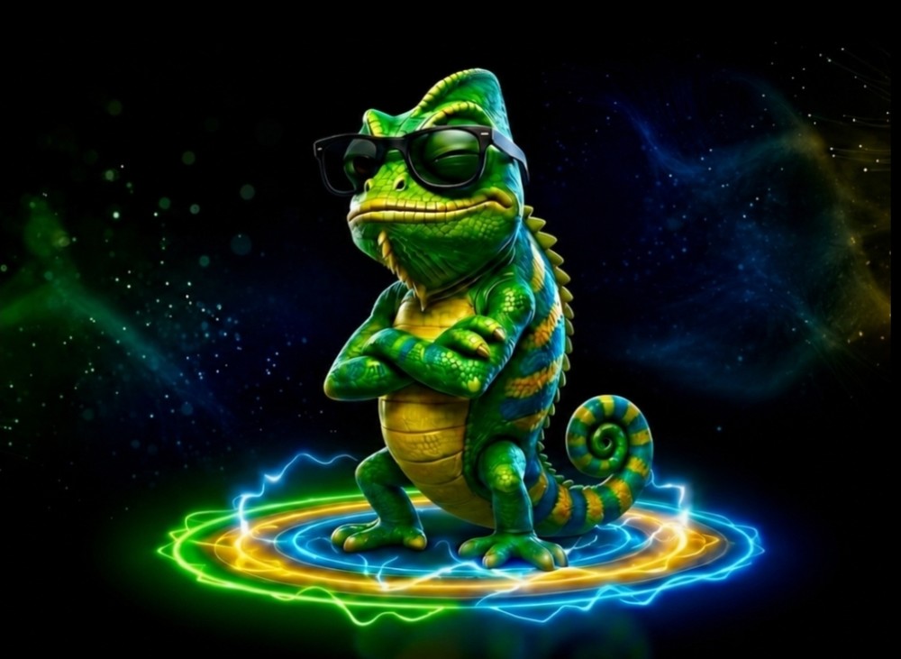 O camaleão de braços cruzados, mascote do Método Camaleão
